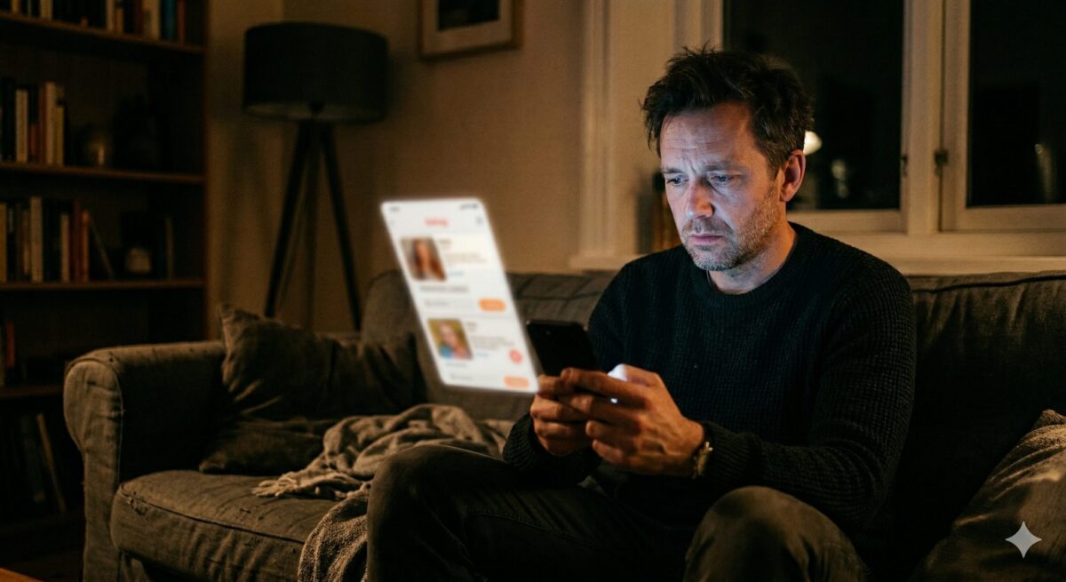 man alleen op bank met telefoon tinder frustratie