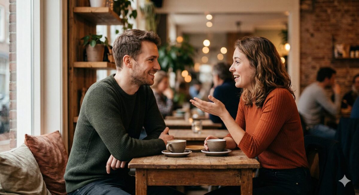 Man en vrouw in ontspannen gesprek in een cafe