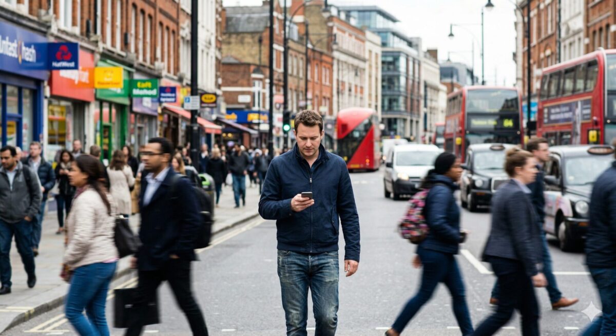 Man loopt door een drukke stedelijke omgeving en kijkt kort op zijn telefoon in een dating-app context