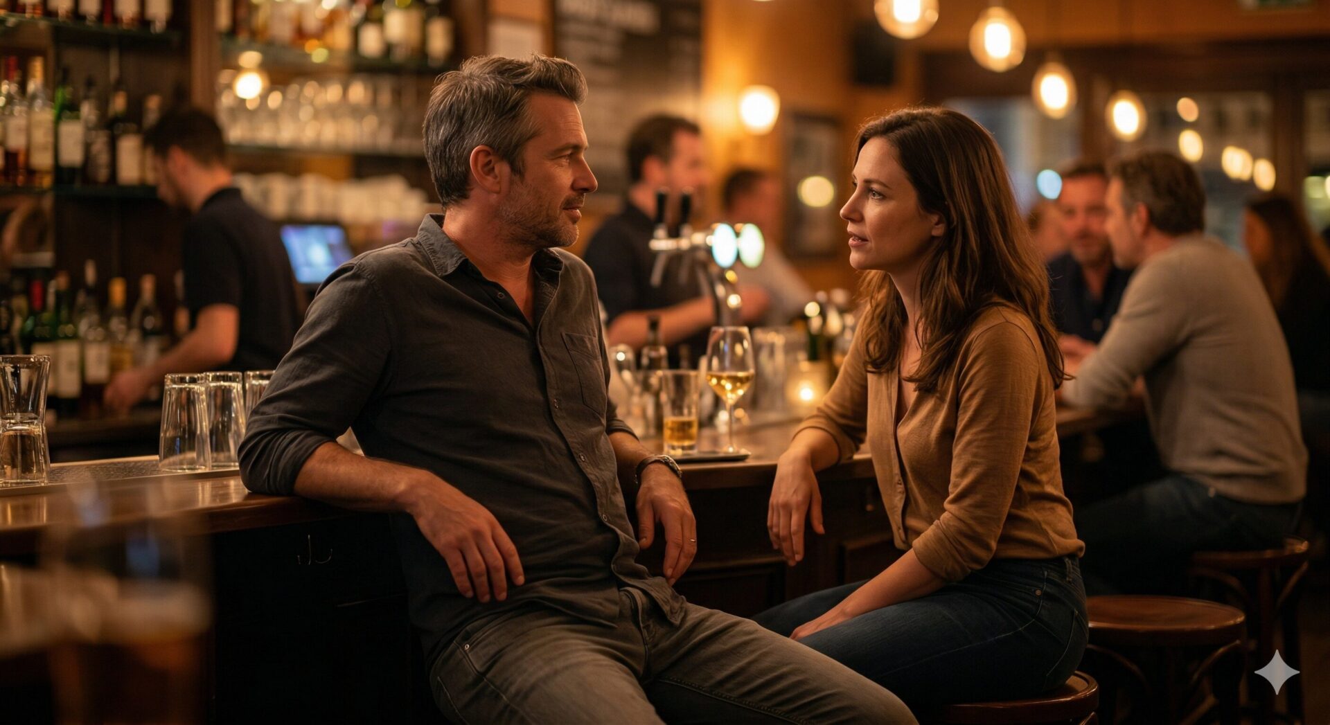Man en vrouw in gesprek aan bar — spanning zonder drama, aanwezigheid zonder performance