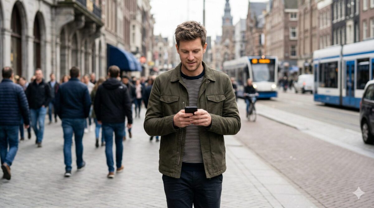 Man loopt door een drukke stadsstraat en kijkt kort op zijn telefoon in een dating-app context