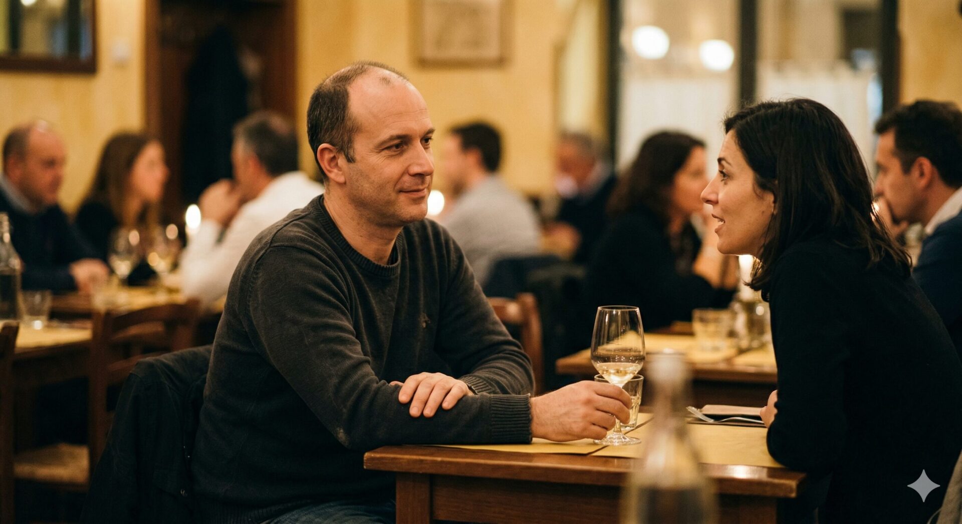 Man die rustig en ontspannen zit tegenover een vrouw aan een dinertafel