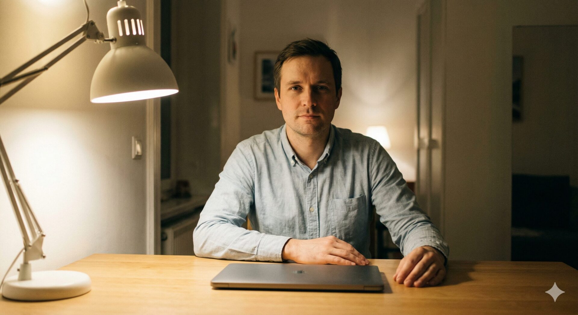 Man achter bureau met gesloten laptop, bewuste keuze om niet te kijken