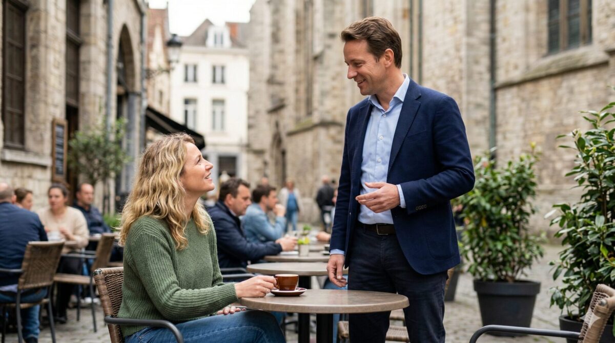 man spreekt vrouw aan op een terras op een ontspannen manier