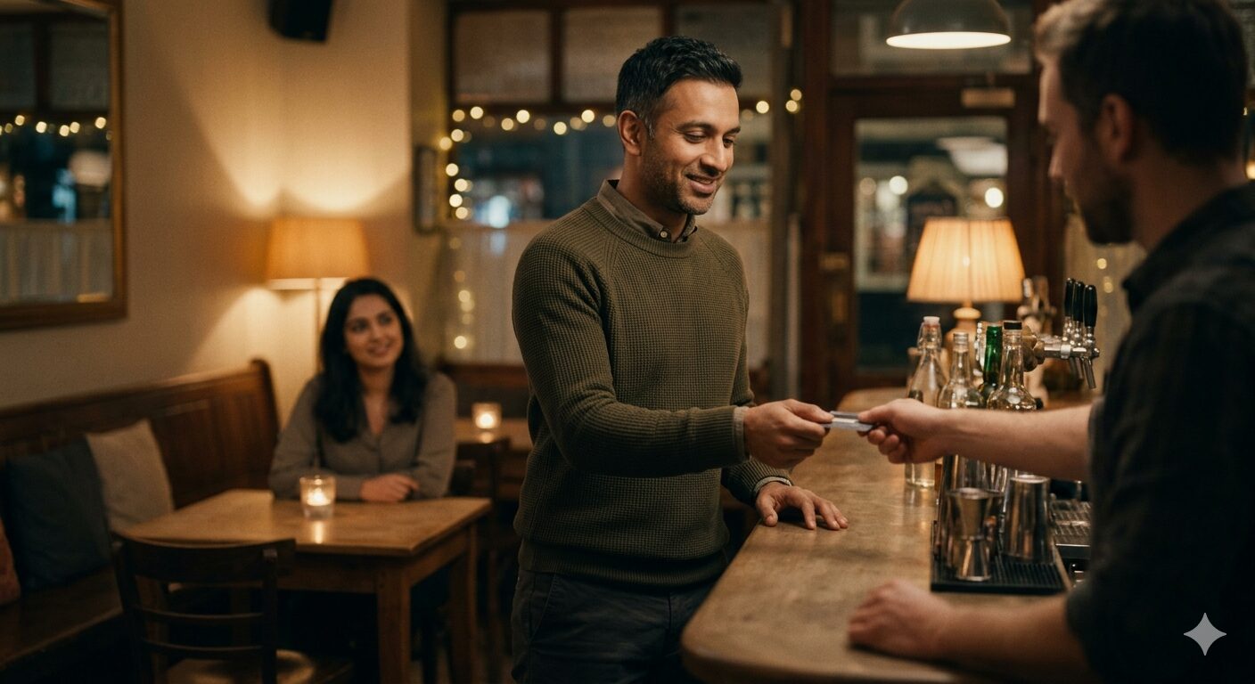 Man rekent ontspannen af aan de bar tijdens een date
