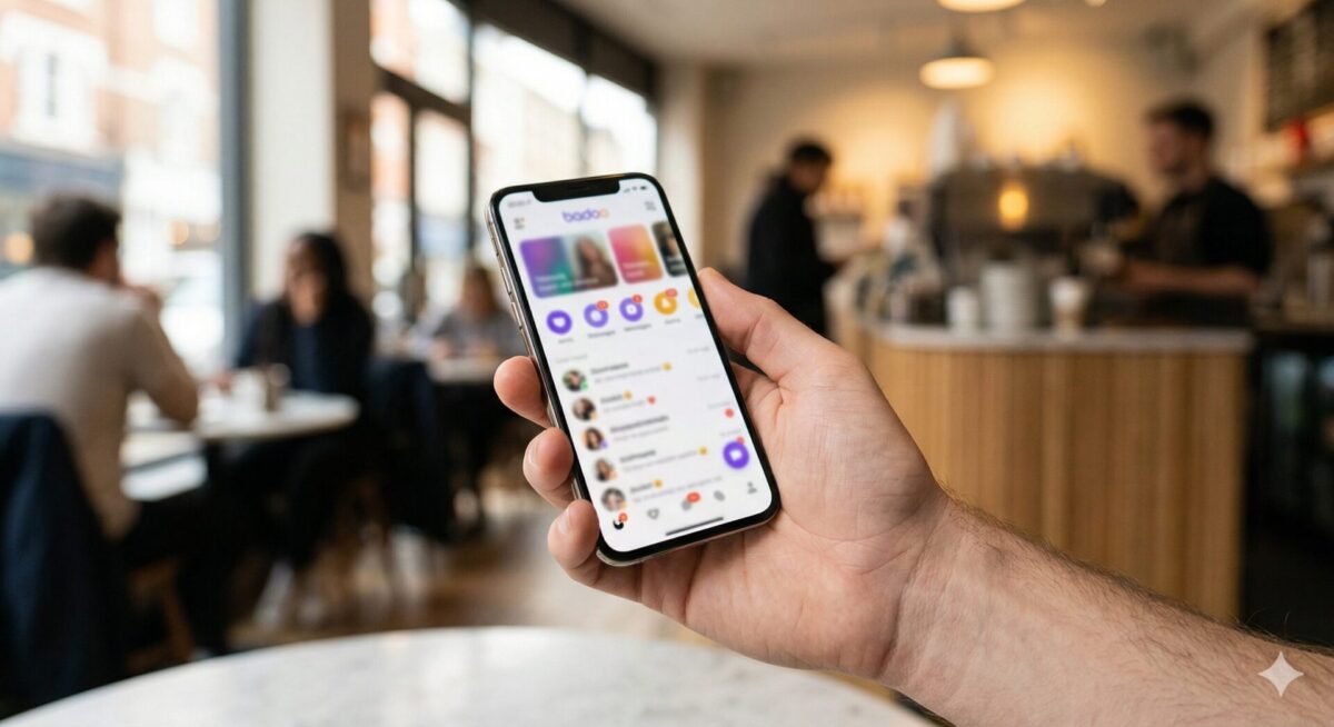 Close-up van een hand met smartphone in een drukke digitale dating-omgeving