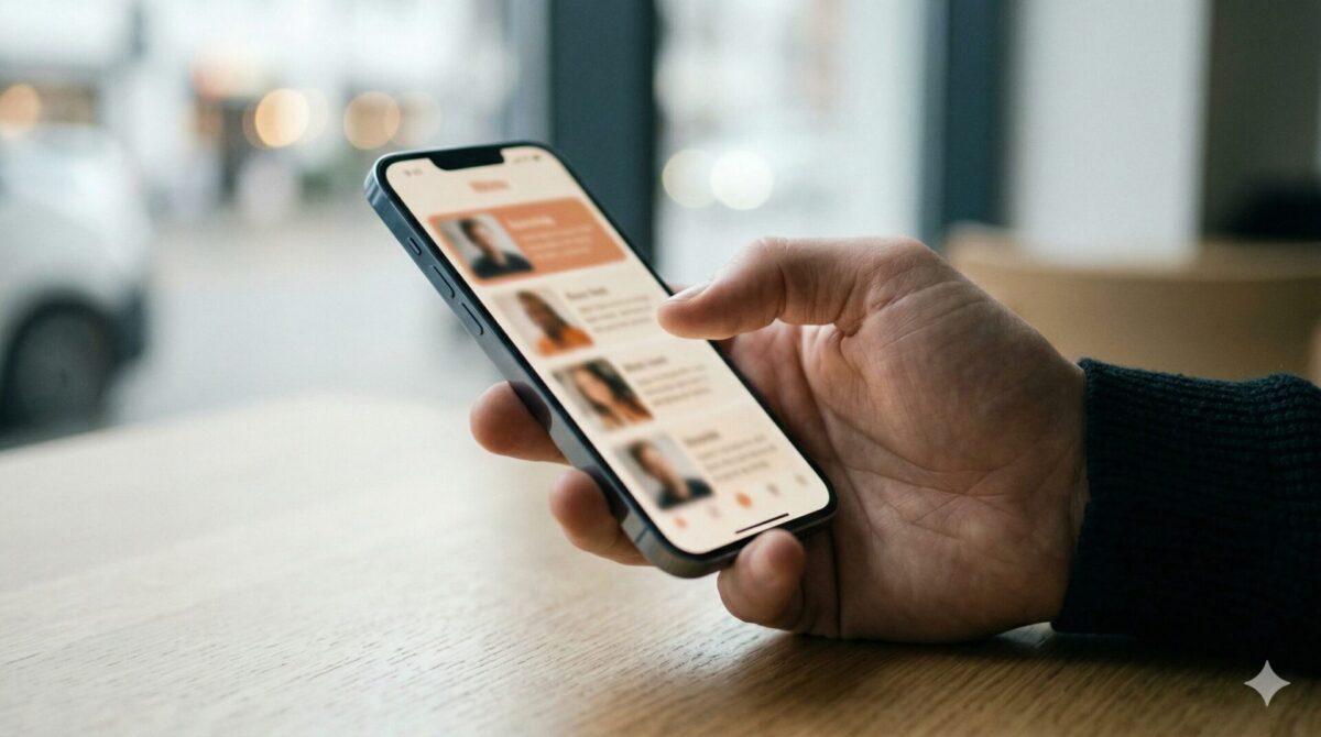 Close-up van een hand met smartphone in een dating-app context met een vluchtige digitale sfeer