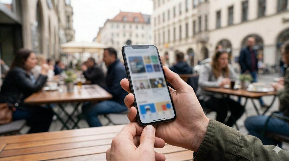 Close-up van een hand met smartphone in een stedelijke omgeving met een vluchtige digitale dating-sfeer