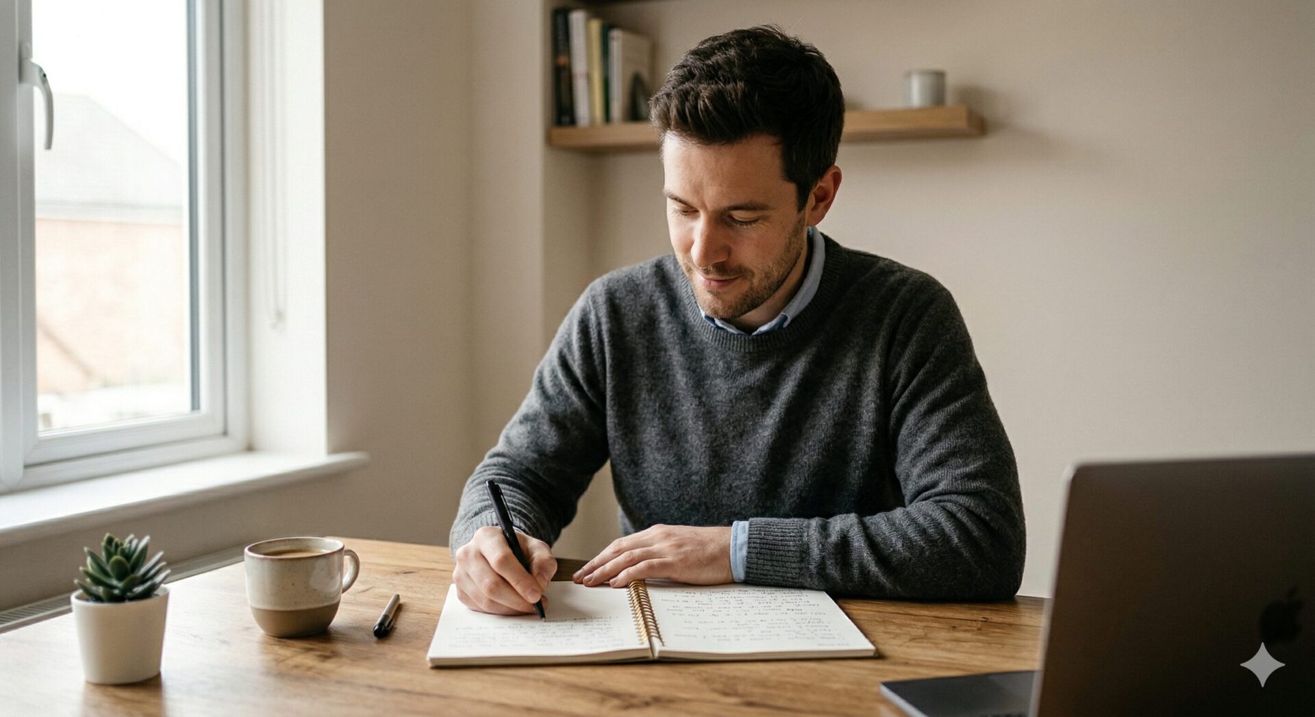 Man schrijft geconcentreerd in notitieboek