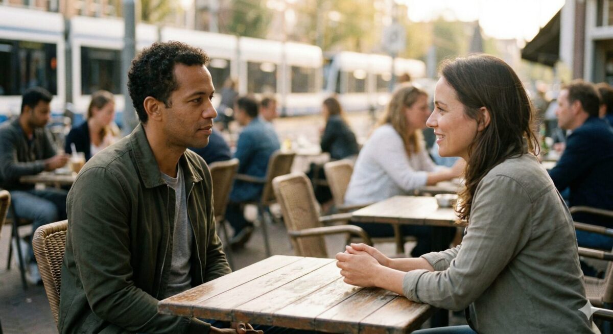 Man en vrouw ontmoeten elkaar in een informele setting, ontspannen maar nog aftastend