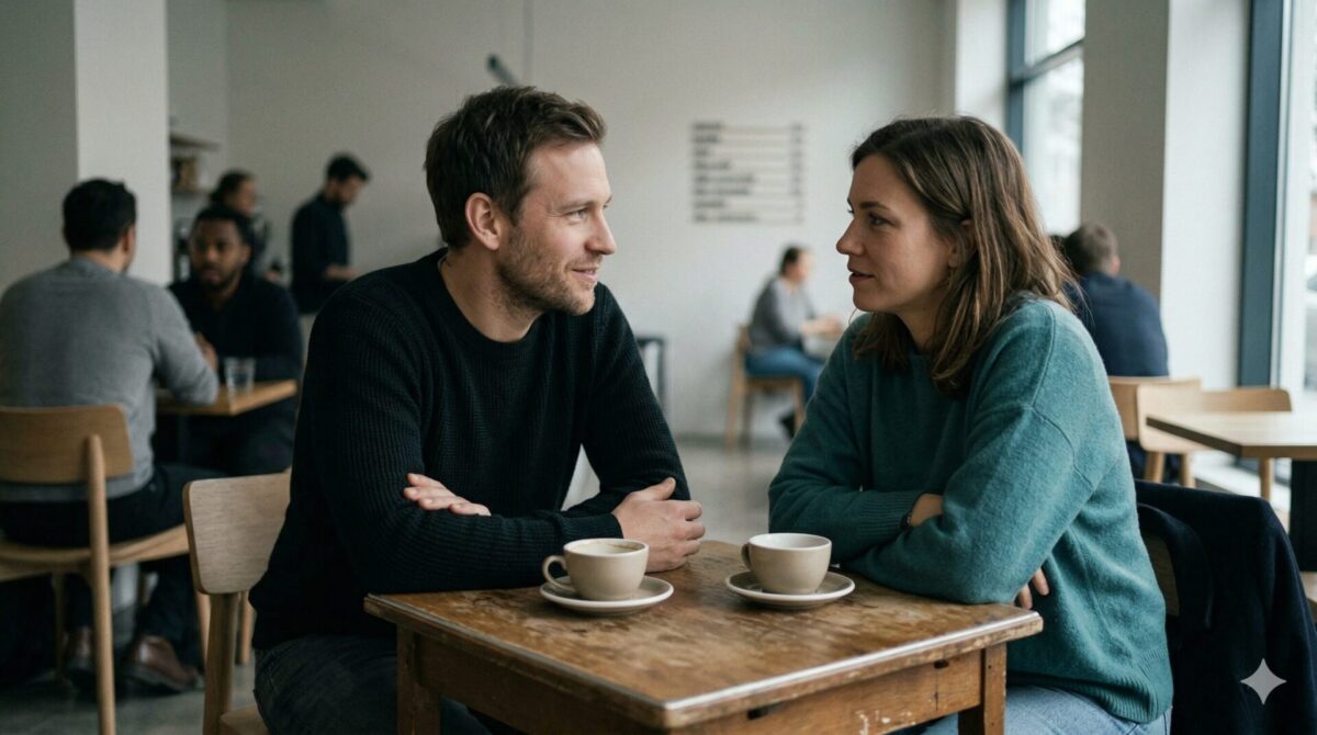 Man en vrouw tijdens een eerste laagdrempelige ontmoeting in een koffiebar, ontspannen maar aftastend