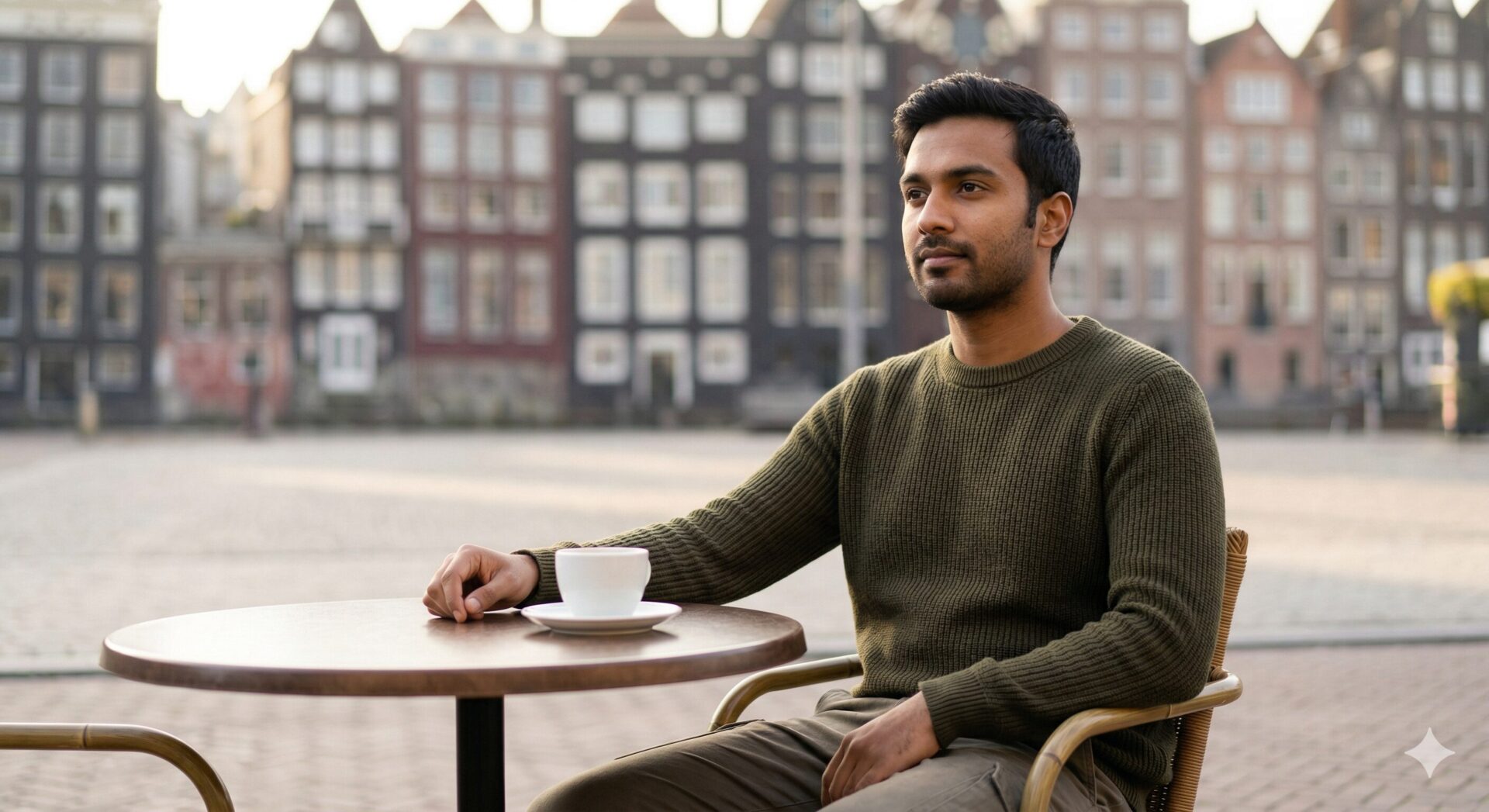 Man alleen op terras — comfortabel aanwezig zonder iets te hoeven bewijzen