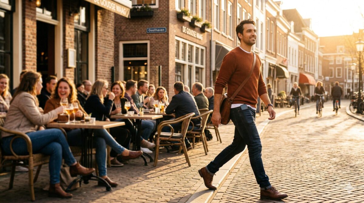Zelfverzekerde man loopt door een zonnige straat met zijn telefoon in zijn achterzak