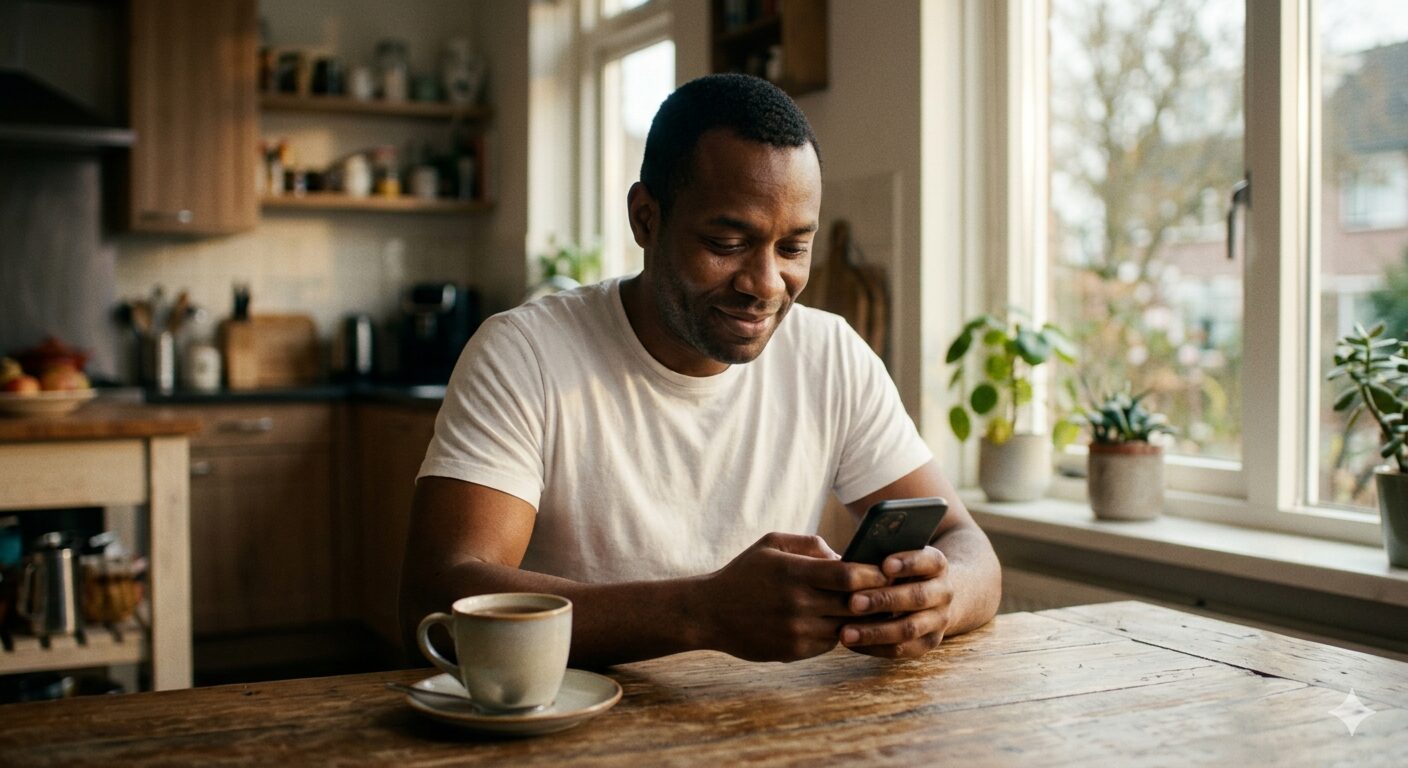 Man van eind dertig typt een bericht op zijn telefoon terwijl hij aan een tafel zit