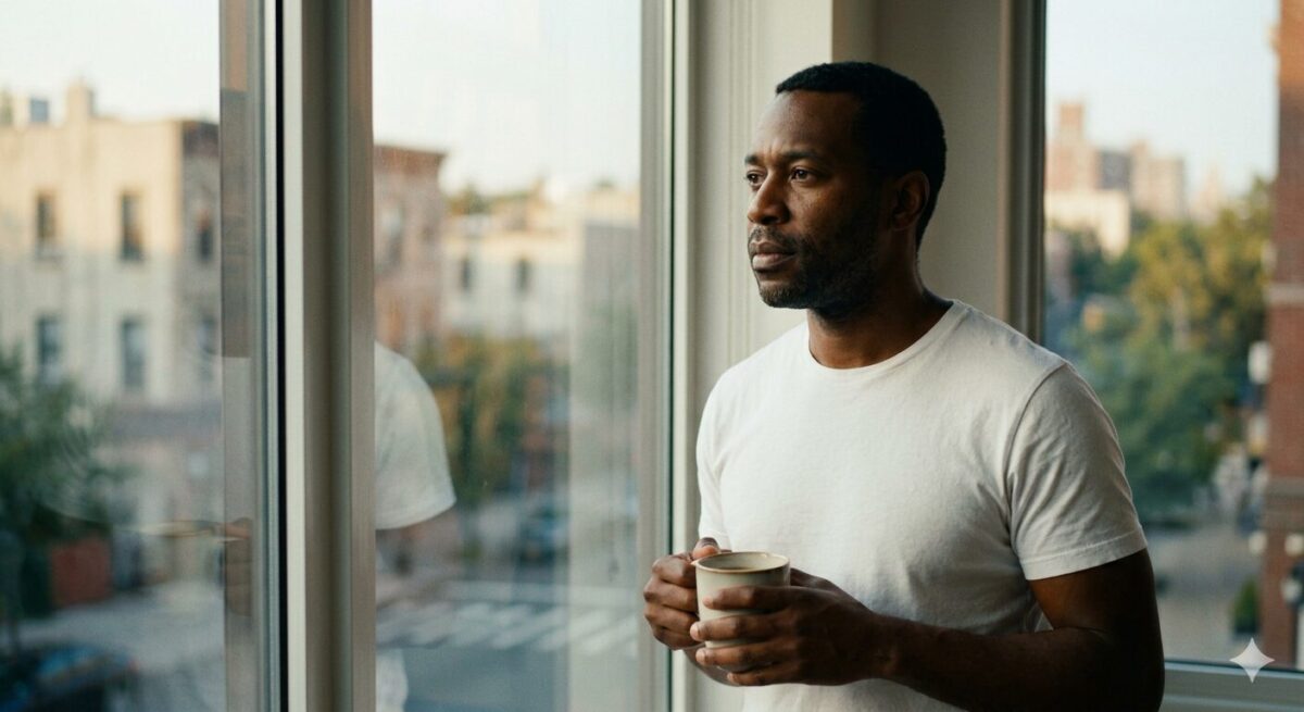 Man van eind dertig kijkt uit het raam met koffie in de hand in ochtendlicht