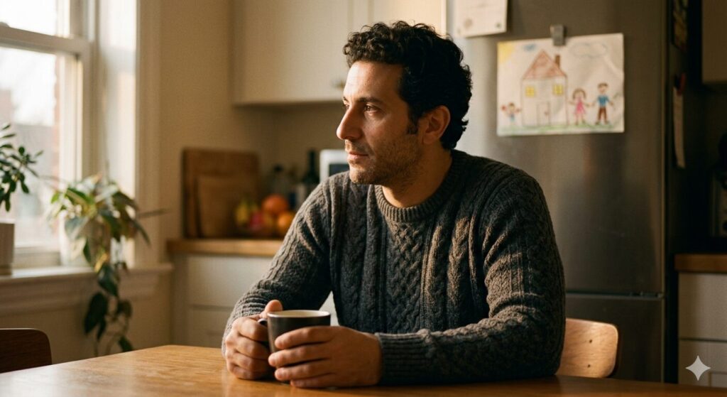 Man van begin veertig zit aan de keukentafel met koffie en kijkt uit het raam, kindertekening op de koelkast