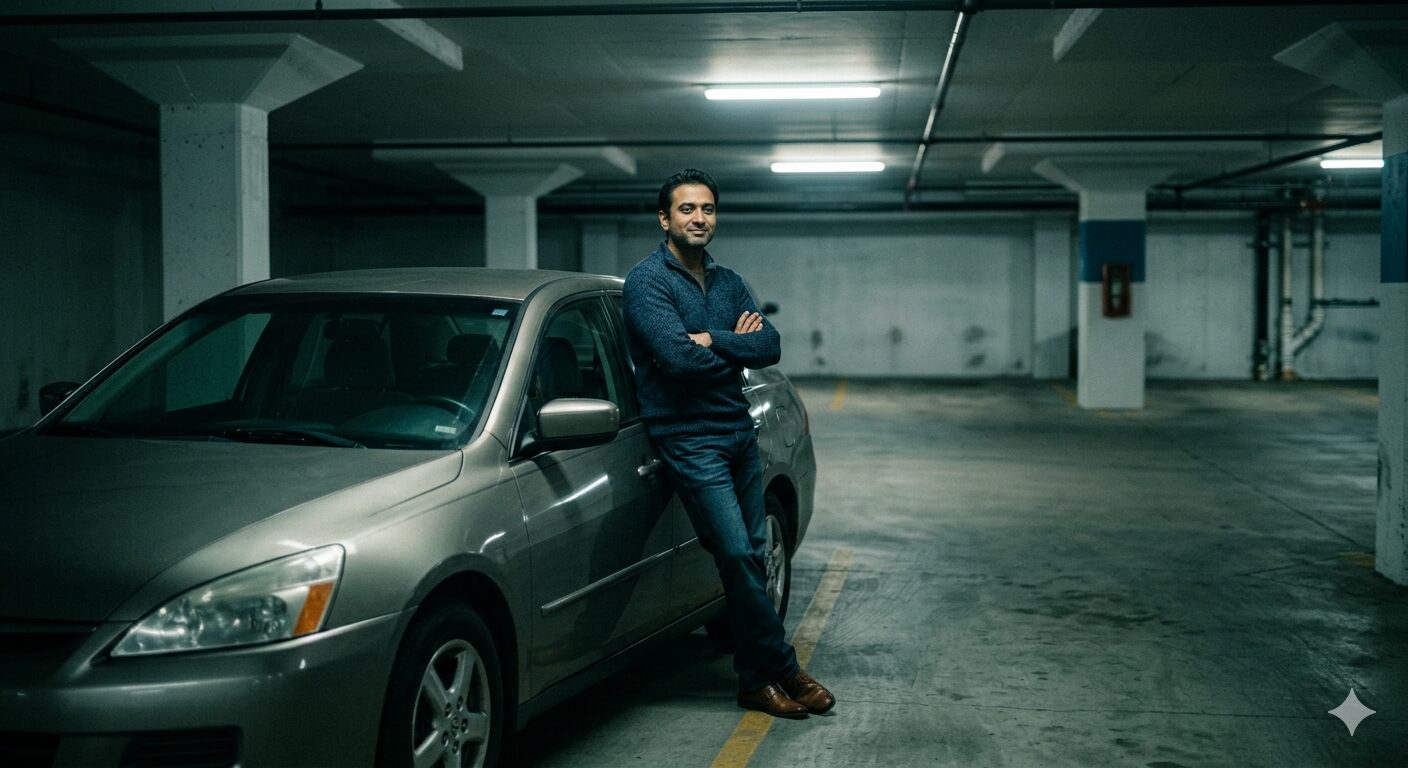 Man van begin veertig leunt tegen zijn auto in een parkeergarage met een subtiele glimlach